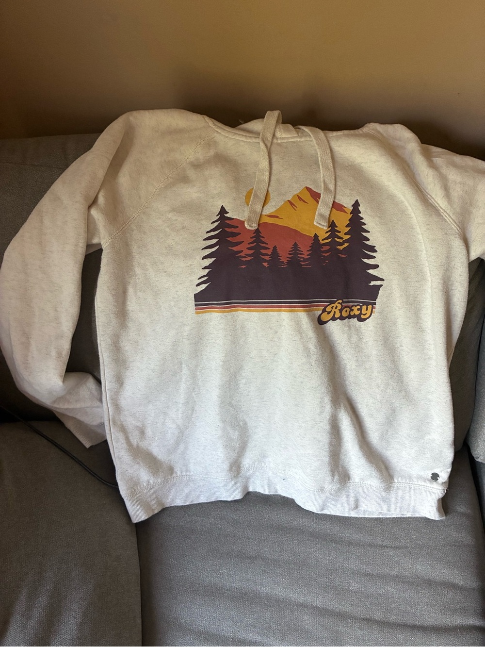 Roxy Cream Pullover Hoodie with Mountain & Tree Print